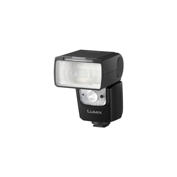 Black Panasonic Lumix FL580 flash unit shown from front angle against white background, displaying rectangular diffuser panel and circular reflector.