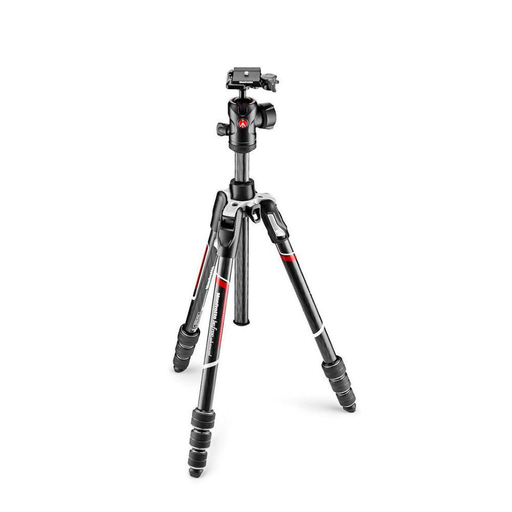 Black and red carbon fiber tripod with ball head and smartphone mount, shown fully extended against white background at three-quarter view angle.