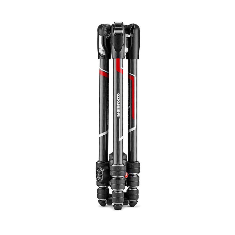 Manfrotto Befree Advanced Carbon tripod shown fully extended from front view, displaying black and red design with compact folded legs at base.