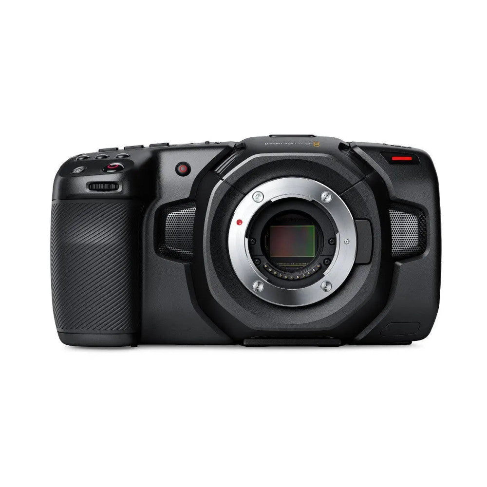 Front view of a black Blackmagic Pocket Cinema Camera 4K showing the lens mount, sensor, and control buttons on the left side.