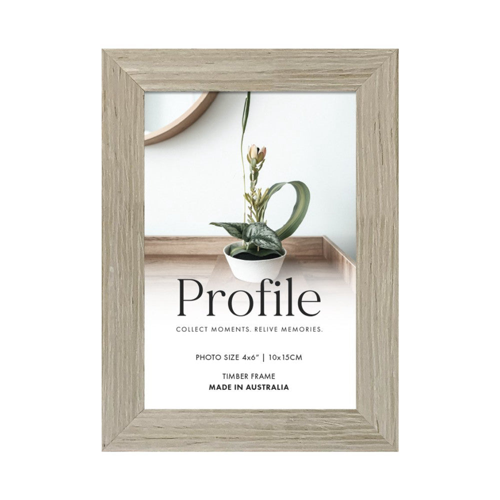 Front view of a light wood-grain photo frame displaying product branding and a potted plant image with tagline "Collect Moments. Relieve Memories.