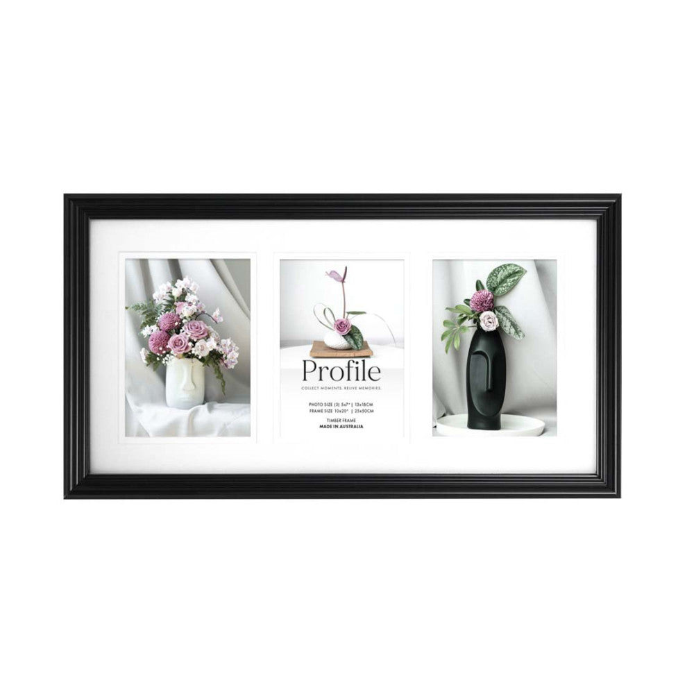 Black timber frame displaying three floral arrangement photos with white mat against white background, front view.