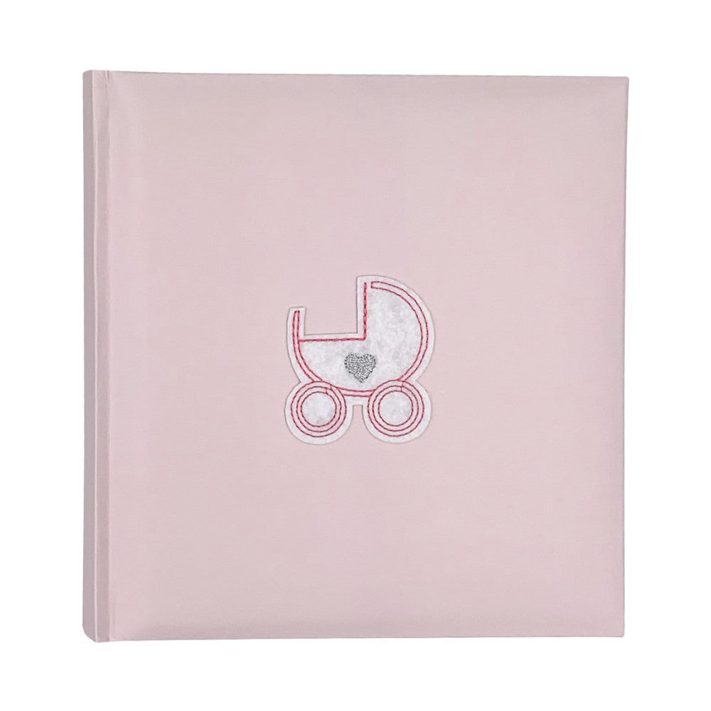 Front view of a pink photo album with an embroidered pram design and small heart detail in the center.