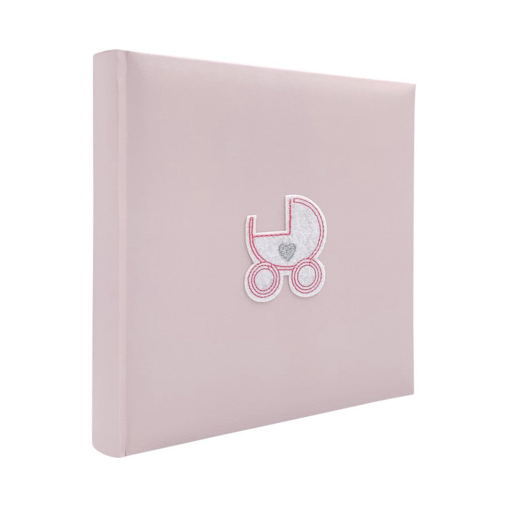 Pink photo album with embroidered baby pram design shown at three-quarter angle against white background