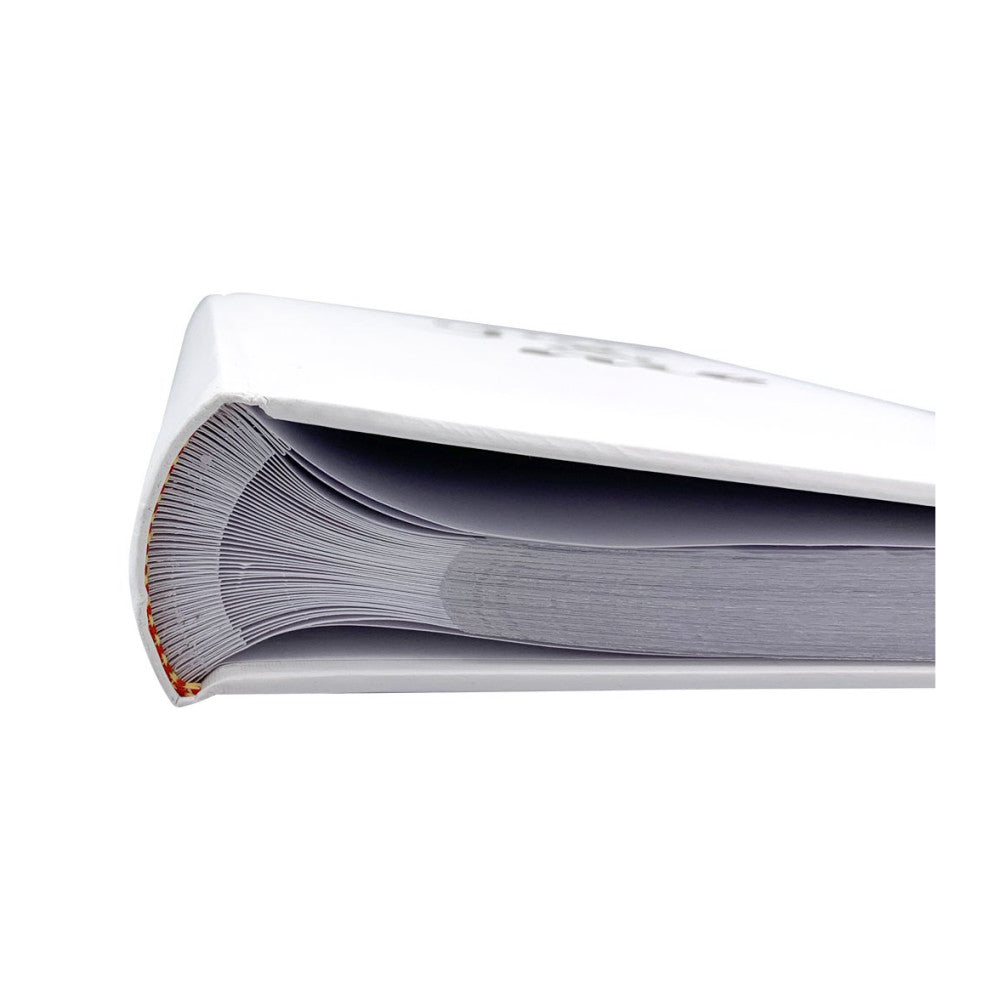 Close-up side view of an open white photo album showing pages fanned out to display the paper thickness and binding detail.
