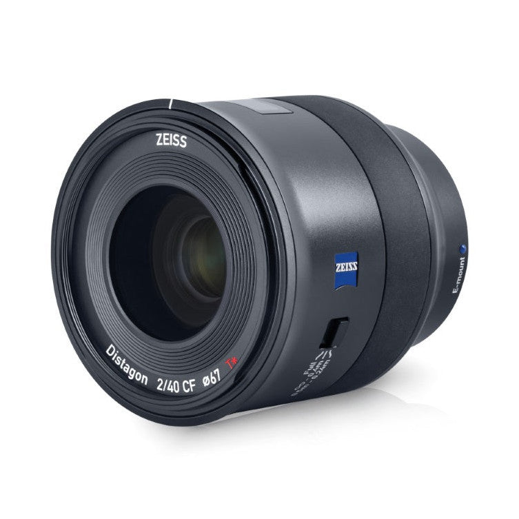 Three-quarter view of a black Zeiss Batis 40mm lens showing the front element, barrel with blue Zeiss logo, and focus ring details.