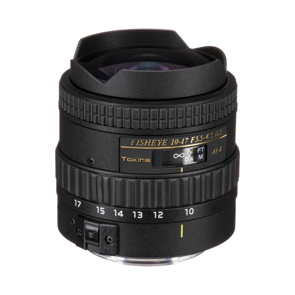 Black Tokina fisheye lens shown from front angle, displaying curved hood, focus ring with distance markings, and gold text labeling against white background.