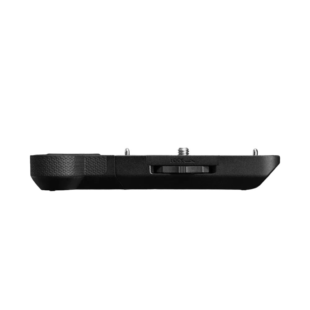 Side profile view of black Canon EG-E2 extension grip showing textured grip surface, lock mechanism, and mounting points against black background.