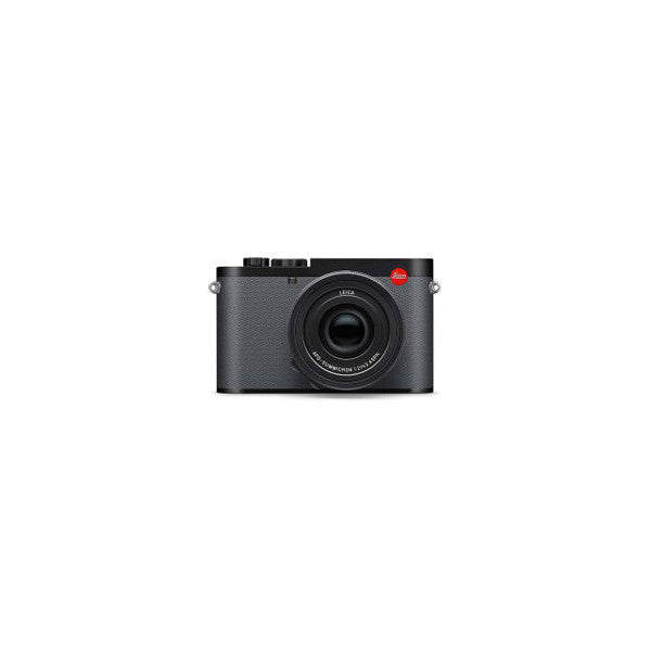 Front view of a black Leica Q camera showing the lens, viewfinder, and top controls against a white background.