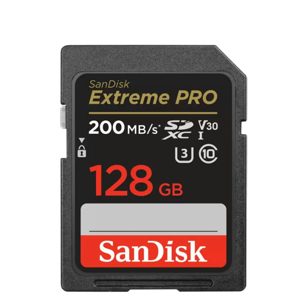 Front view of a SanDisk Extreme PRO 128GB SDXC memory card displaying specifications including 200MB/s speed and V30 rating.