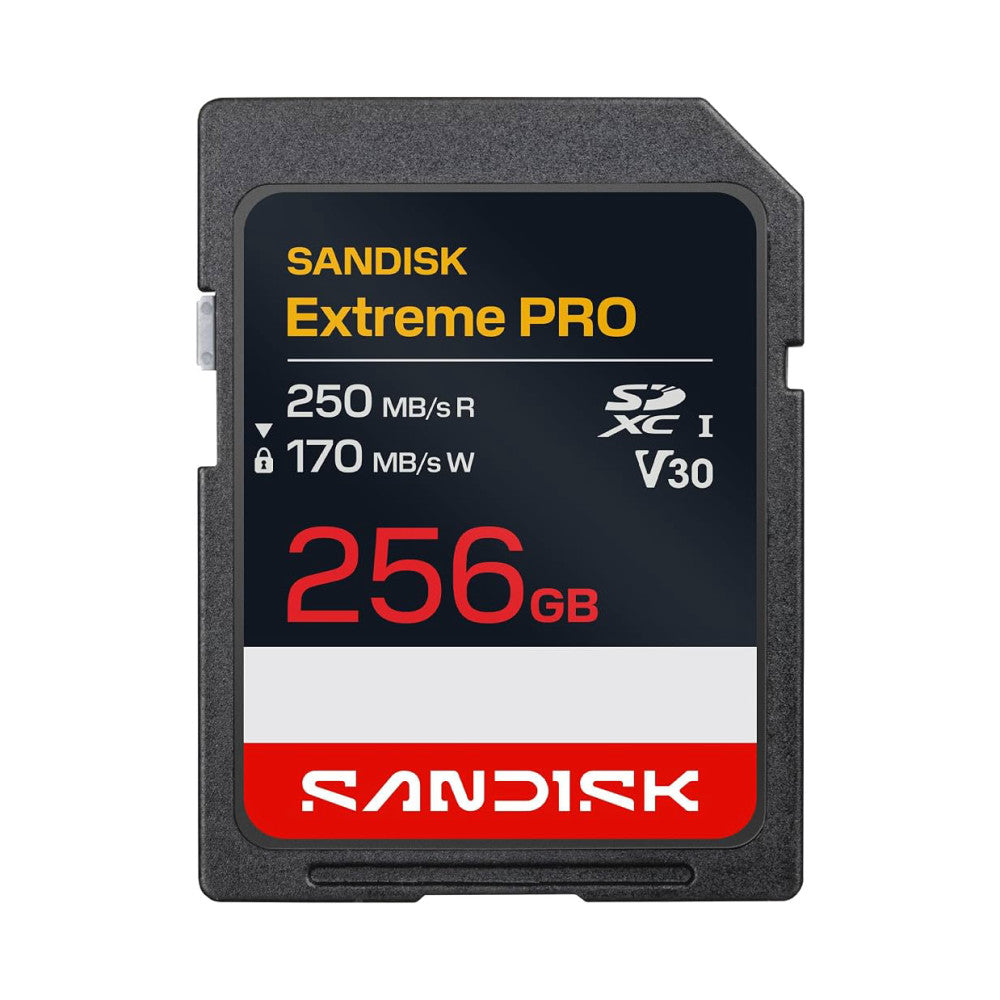 Close-up front view of a SanDisk Extreme PRO 256GB SDXC memory card displaying specifications including 250MB/s read and 170MB/s write speeds.