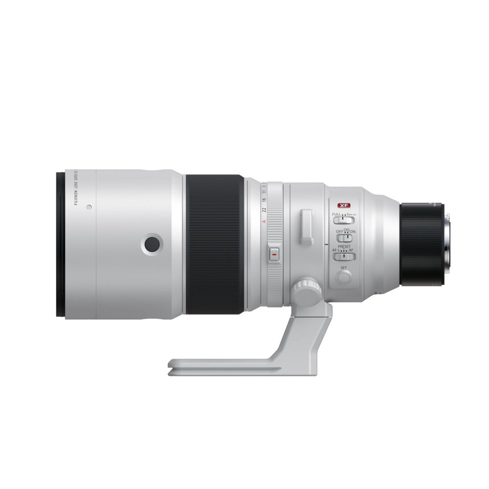 Side view of Fujifilm XF 400mm telephoto lens showing white barrel, black focus ring, control panel with buttons and dial on right side.