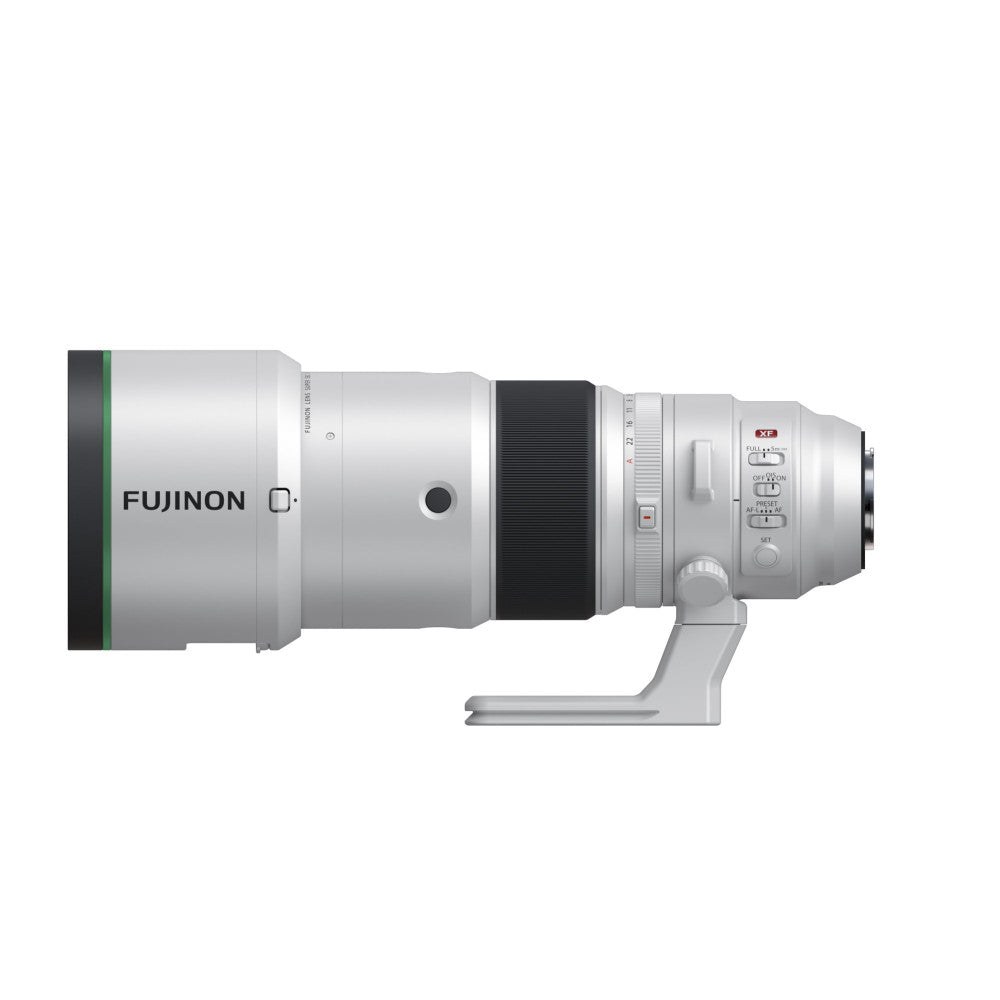 Side profile view of a white Fujifilm XF 400mm telephoto lens with green accent stripe and control panel visible on the barrel.