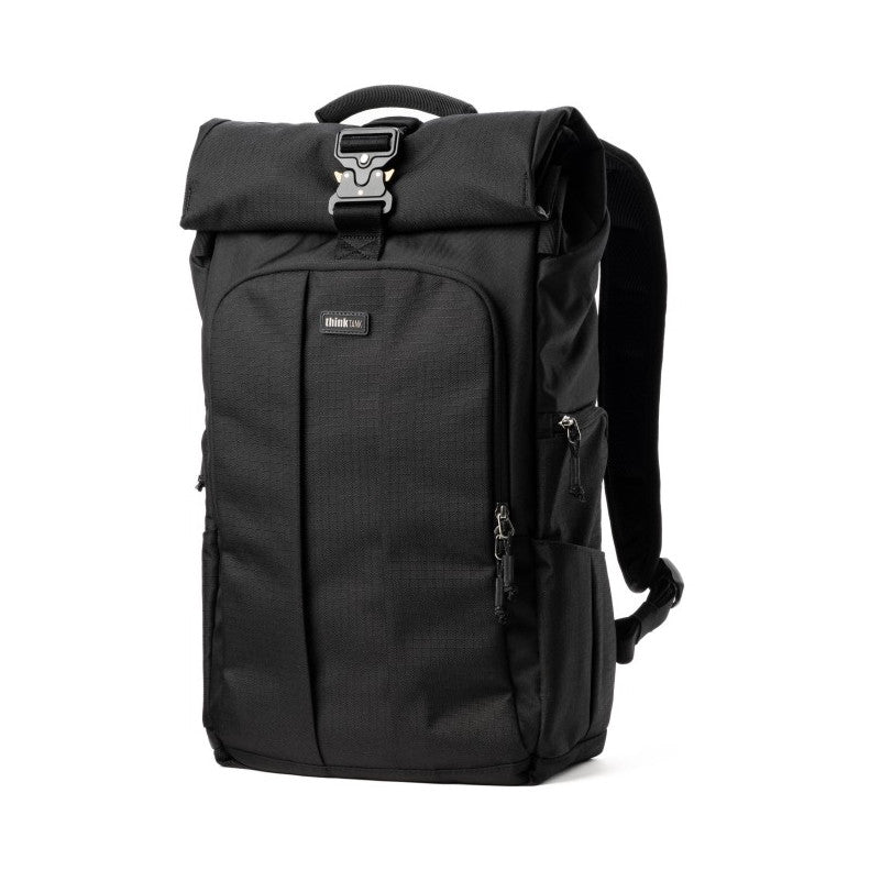 Black rollTop camera backpack shown from front angle, featuring metal buckle closure, padded straps, and side zippered pockets against white background.
