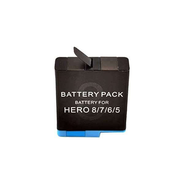 Black rechargeable battery pack with blue accent showing "BATTERY PACK" and "BATTERY FOR HERO 8/7/6/5" text on front.