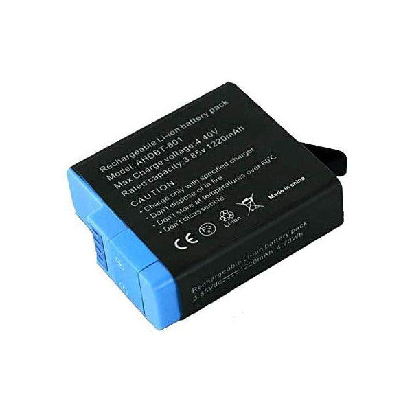 Black and blue rechargeable lithium battery pack shown at an angle, displaying printed specifications and safety warnings on the label.