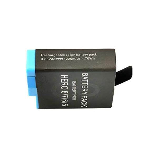 Black rechargeable lithium battery pack with blue accents, showing specifications and "HERO8/HERO5" text on side view.