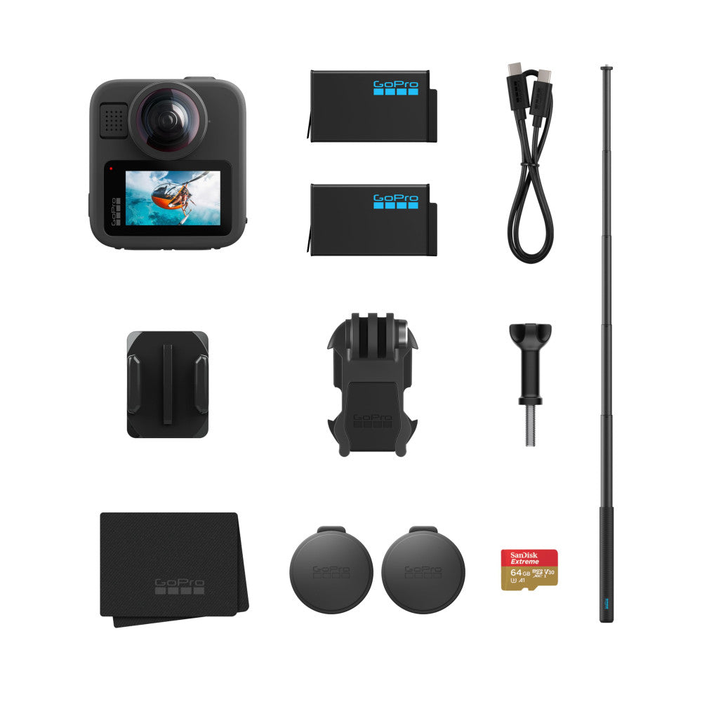 Flat lay product photo showing GoPro MAX 2 camera and included accessories: two batteries, carrying case, tripod mount, extension pole, USB cable, lens caps, microSD card, and cloth on white background.