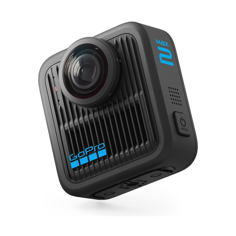 GoPro Max 2 action camera shown at three-quarter angle, displaying the front lens, ribbed body design, blue branding, and power/mode button on the side.