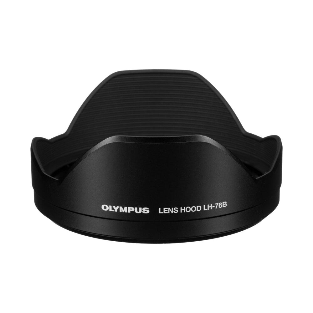Black Olympus LH-76B lens hood photographed from a front angle against white background, showing the curved petal-shaped design and branding text.