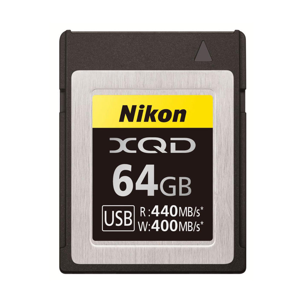 Front view of a Nikon 64GB XQD USB memory card showing the yellow and black label with specifications.