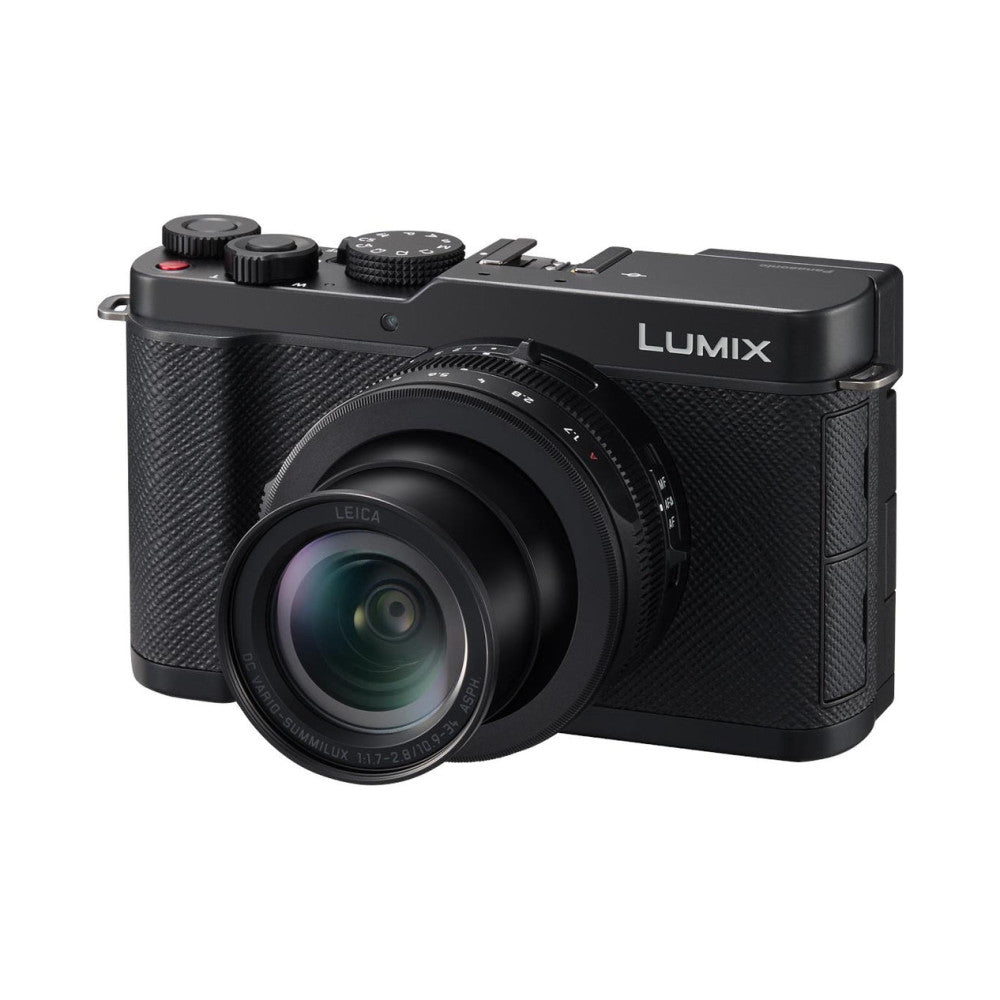 Black Panasonic Lumix compact camera shown from the front-left angle, displaying the Leica lens, top control dials, and textured body design against a white background.