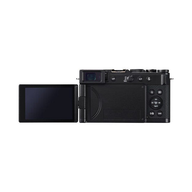 Top-down view of black Panasonic Lumix L10 compact camera with articulating LCD screen extended to the left and control buttons visible on the right side.