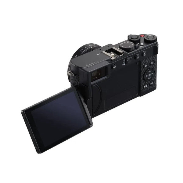 Black Panasonic Lumix L10 compact camera shown from rear angle with articulating touchscreen display extended outward.