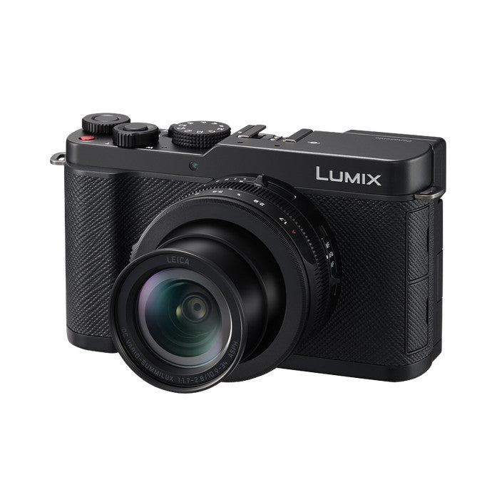 Black Panasonic Lumix compact camera shown from front three-quarter angle, displaying the Leica lens and textured grip on white background.