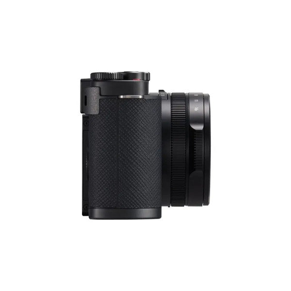 Black Panasonic Lumix L10 compact camera shown from the side angle, displaying the textured grip, lens, and control dials.