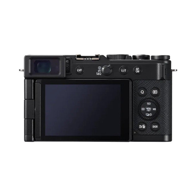 Rear and top view of black Panasonic Lumix L10 compact camera showing LCD screen, control buttons, and lens on white background.