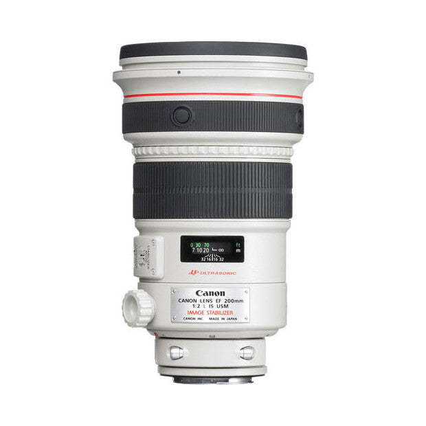 Front view of Canon EF 200mm f/2.0L IS USM telephoto lens showing white barrel with black focus ring and red Canon L-series stripe.