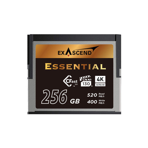 Front view of an Exascend 256GB Essential CFast 2.0 memory card showing specifications including 4K support, 520MB/s read speed, and 400MB/s write speed.