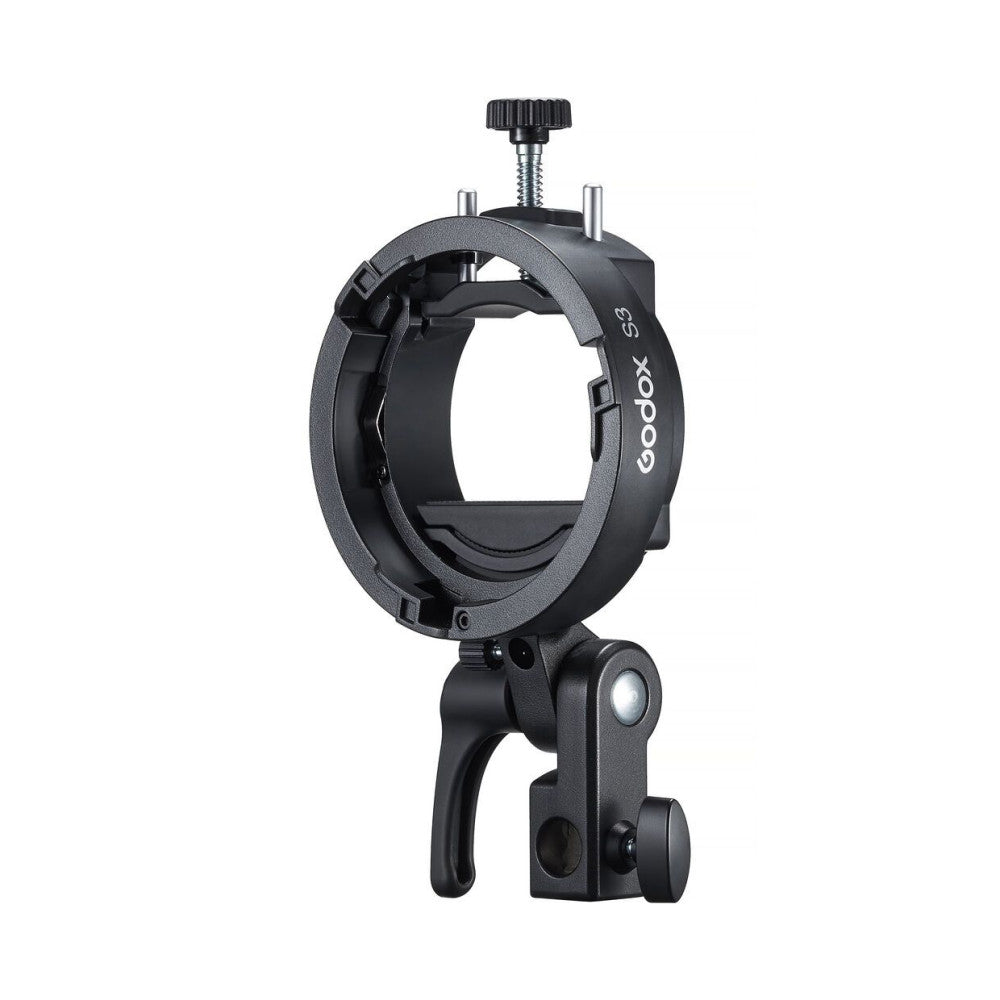 Black Godox S3 flash bracket shown from the front, displaying the circular reflector mount, adjustable top knob, and lower Bowens-compatible attachment point against a white background.