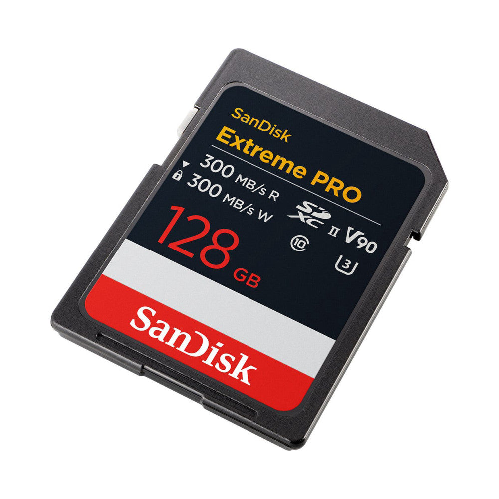 SanDisk Extreme PRO 128GB SDXC memory card shown at an angle, displaying the front label with yellow and red branding, specifications, and product details against a white background.