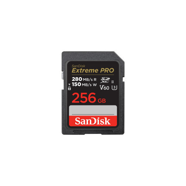 Front view of a SanDisk Extreme PRO 256GB SDXC memory card showing specifications: 280MB/s read, 150MB/s write, V60 speed class.