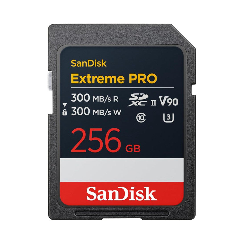 Close-up front view of SanDisk Extreme PRO 256GB SDXC card showing specifications including 300 MB/s read/write speeds and V90 rating.