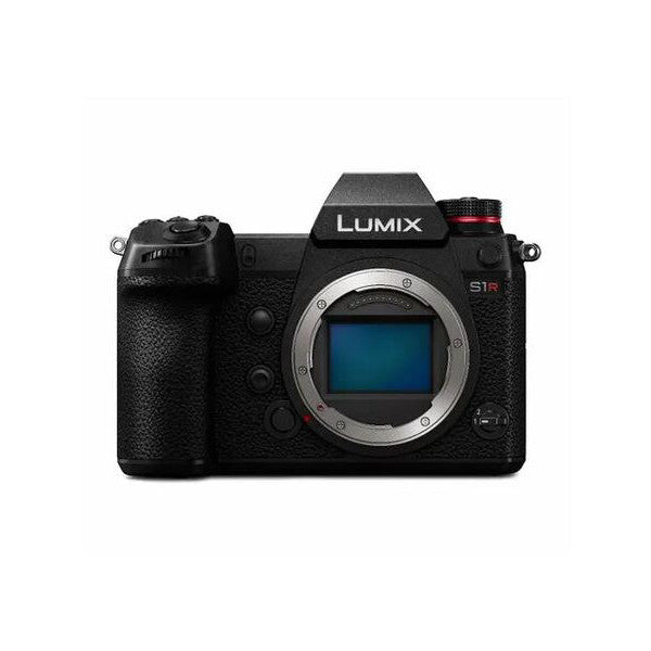 Front view of Panasonic Lumix S1R mirrorless camera body showing lens mount, control buttons, and display screen