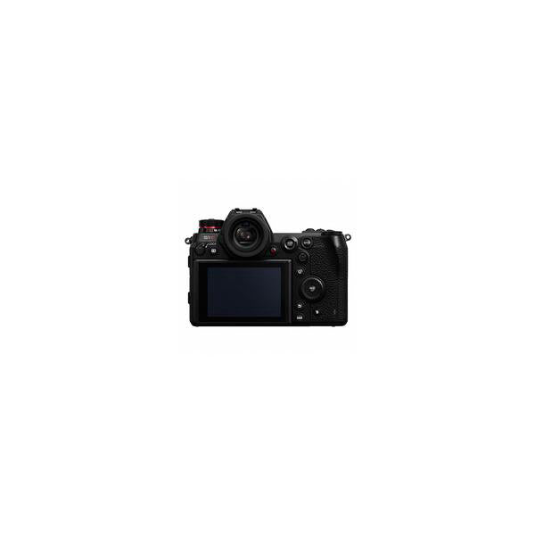 Rear and front view of black Panasonic Lumix S1R camera showing LCD screen and control buttons