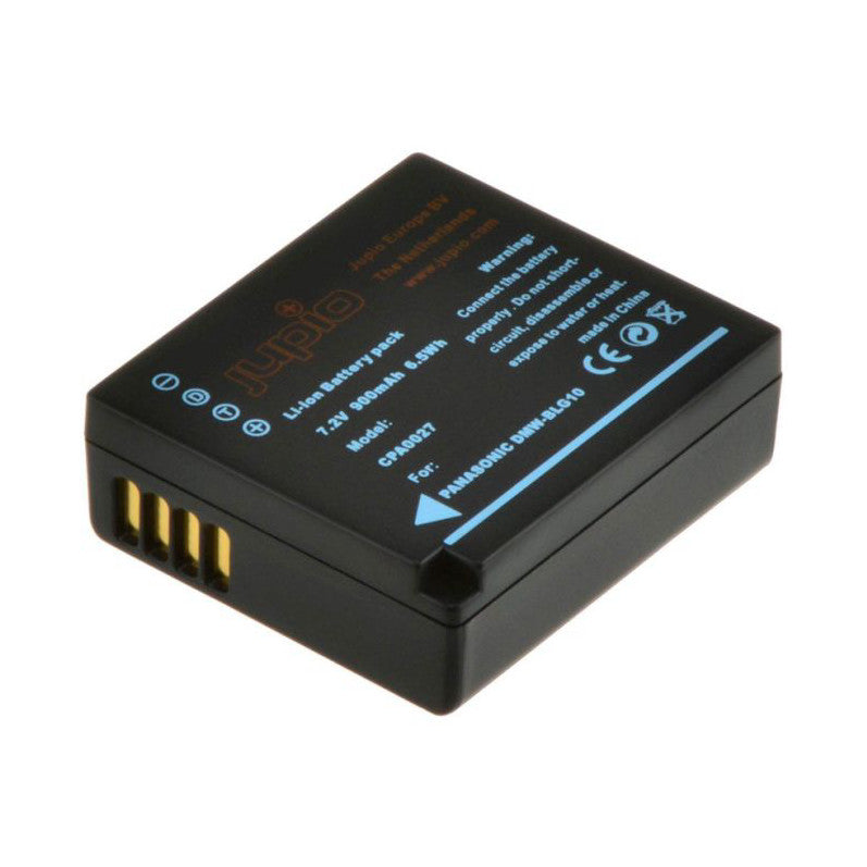 Black rectangular lithium-ion battery with gold contacts shown at an angle, displaying product label and specifications on dark background.