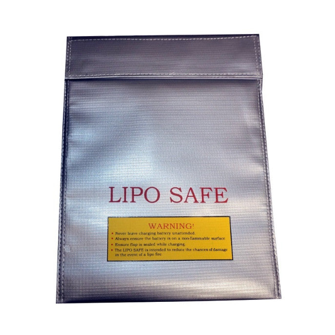 Front view of a silver LiPo Safe bag with red text and a yellow warning label detailing battery safety instructions.