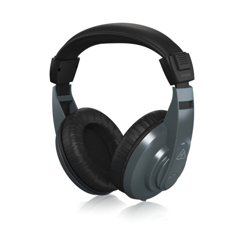 Front view of gray and black over-ear studio headphones with padded ear cups and an adjustable headband against a white background.