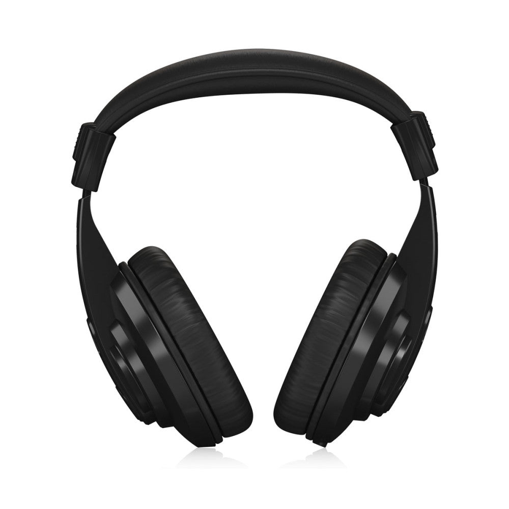 Black over-ear studio headphones shown from front view against white background, displaying padded ear cups and adjustable headband with cable management clips.
