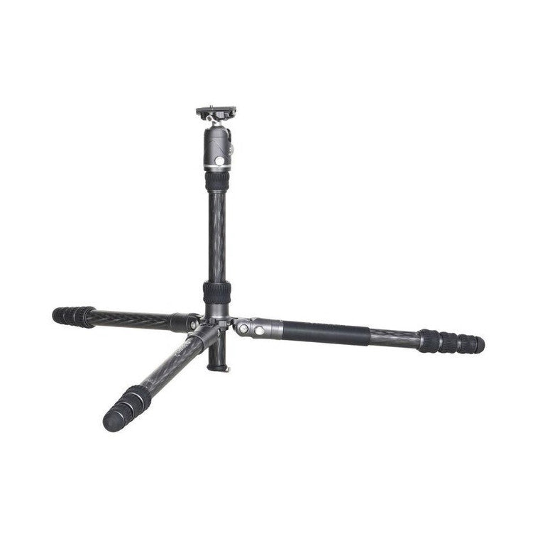 Black carbon fiber tripod with ball head mount displayed against white background, shown from front angle with legs extended in tripod stance.