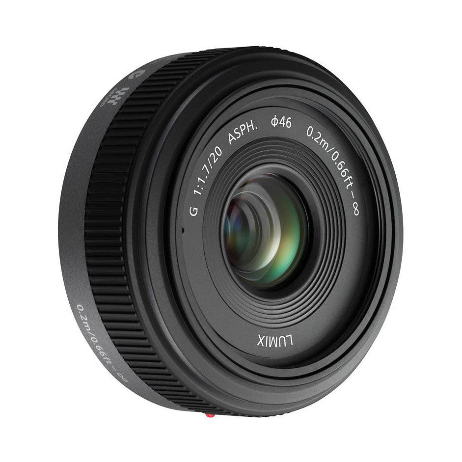 Front view of Panasonic 20mm f/1.7 MKII lens showing glass elements and engraved specifications on black barrel.