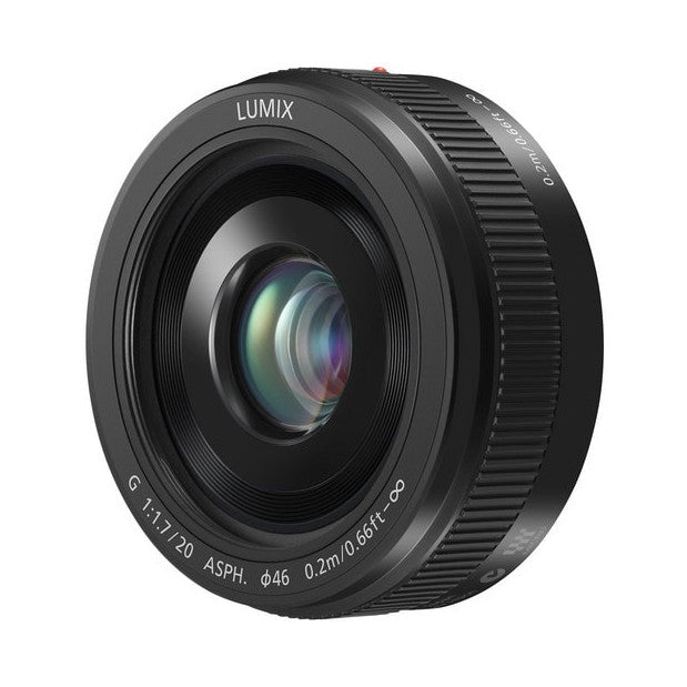Front view of a black Panasonic Lumix 20mm f/1.7 lens showing the front element and focus ring against a white background.