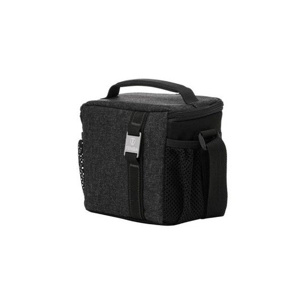 Black camera shoulder bag with top handle, front zippered pockets, and mesh side compartments, shown against white background.