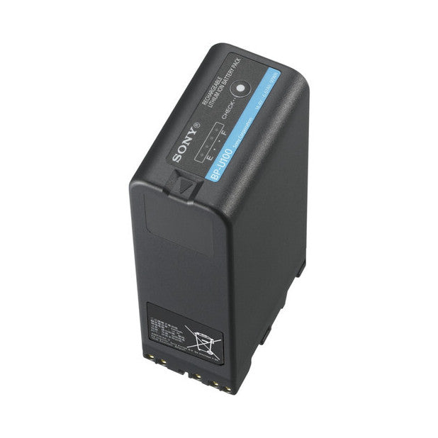 Sony BPU100 lithium-ion battery shown at a three-quarter angle, displaying the blue stripe and technical specifications on its black casing.