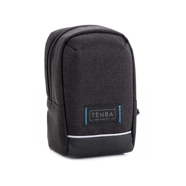 Black Tenba Skyline V2 camera pouch shown from front angle, displaying branded label and reflective stripe detail against white background.