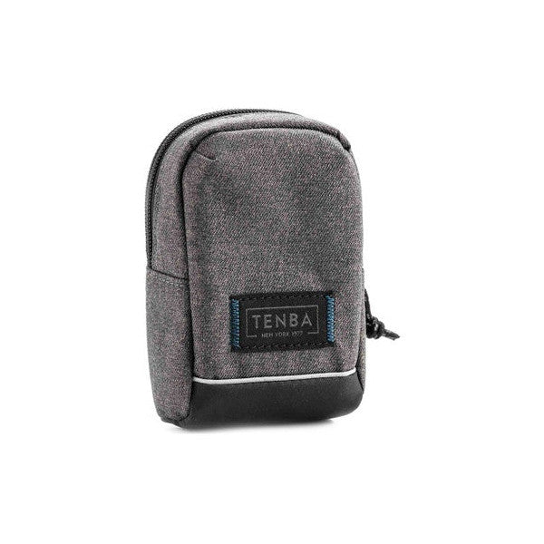 Front view of a gray and black camera pouch with zipper closure and branded Tenba label, displayed against white background.